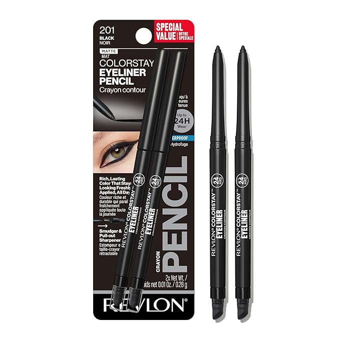 Revlon ColorStay Pencil Waterproof Eyeliner, Smudge-Proof, Eye Makeup with Built-In Sharpener, 201 Black, 2 pack