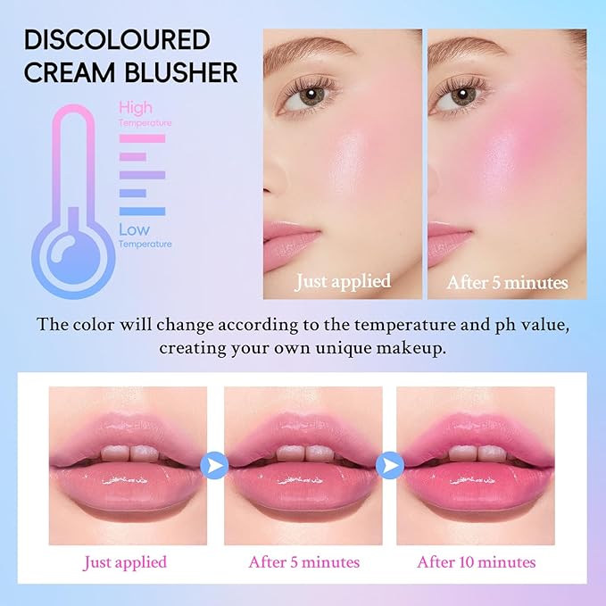 Color Changing Blusher, Black to Pink Blush for Cheek Tint PH Temperature Change Magic Moisturizing Multi-use Cream,LongLasting Waterproof Lightweight Natural-Looking Face Makeup