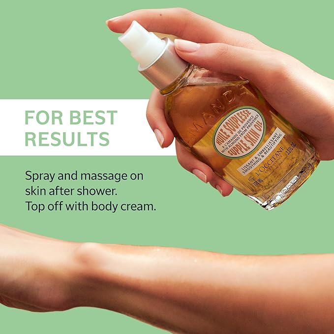 L'OCCITANE Supple Skin System: Hydrate & Soften, Almond Oil Infused Trio Featuring Almond Supple Skin Oil, Almond Shower Oil, and Almond Delicious Hand & Nail Care Lotion, Bath and Body Gift Set