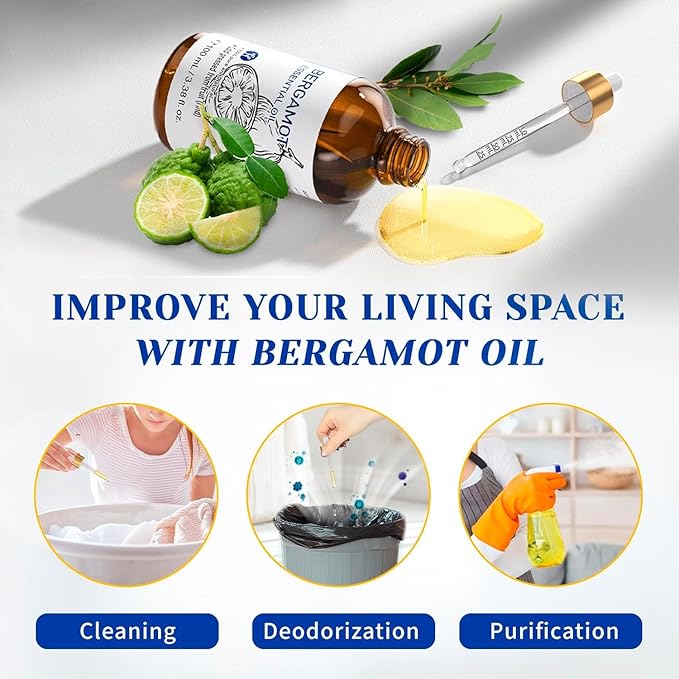HIQILI Bergamot Essential Oil for Diffuser, Skin, Hair, DIY, 100% Pure & Natural - 3.38 Fl Oz (100 mL)