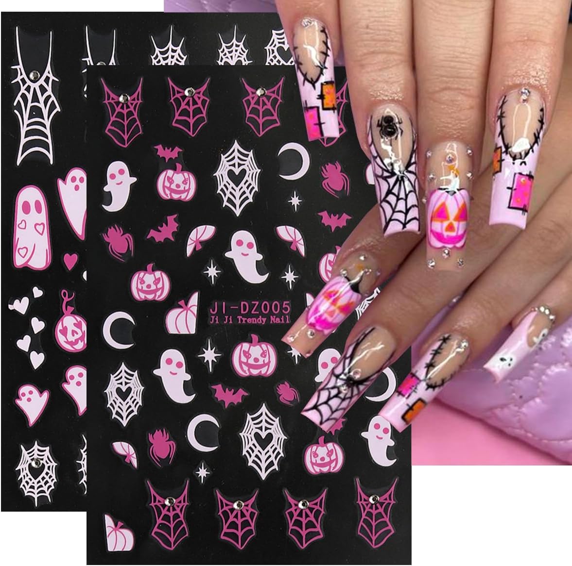 6Sheets Halloween Nail Stickers for Nail Art,3D Self-Adhesive Cute Ghost Spider Web Nail Decals with Rhinestones Design,Pink Pumpkin Spiders Skull Nail Art Stickers for Women Girls DIY Nail Decoration