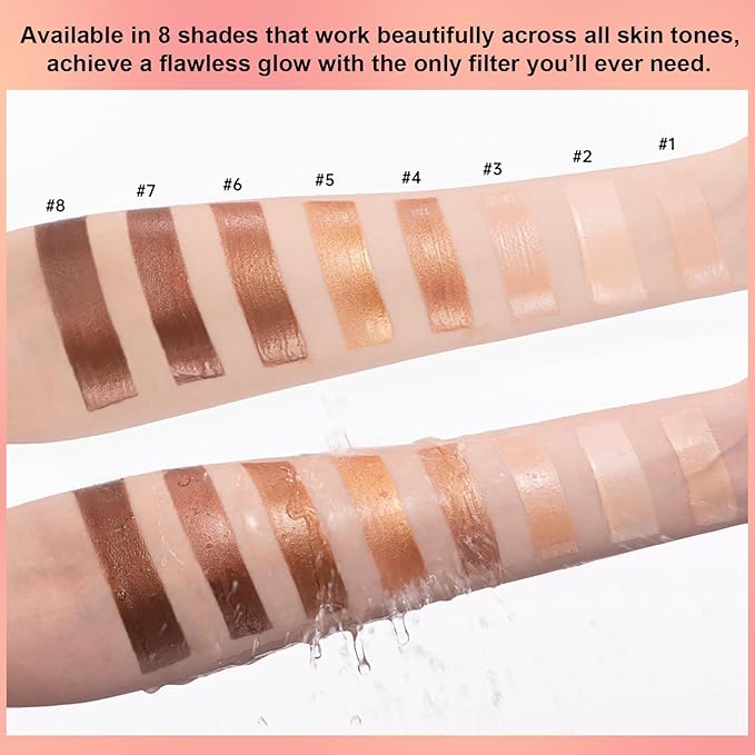 Natural Glow Liquid Filter Makeup, Longwear Face Luminizer, Complexion Booster For Any Part of the Body, Liquid Highlighter with Brush Kit, Infused Hyaluronic Acid, 1.06 fl oz (#08 RICH)