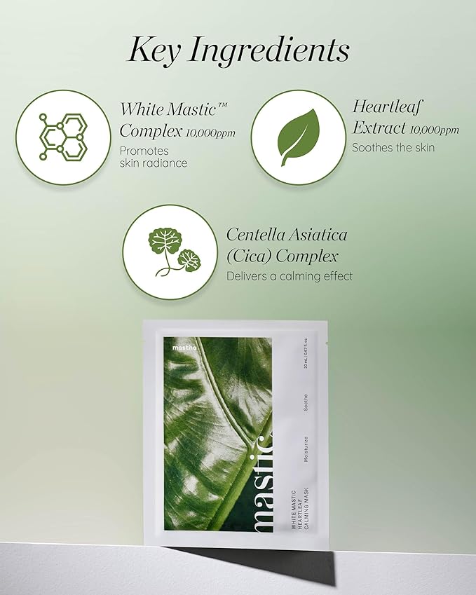 MASTINA White Mastic Face Mask (Heartleaf Calming, 4 pc) Premium Korean Skin Care for Soothing & Deep Moisturization. Sensitive Tired Skin White Mastic Cica Vegan Sheet Masks