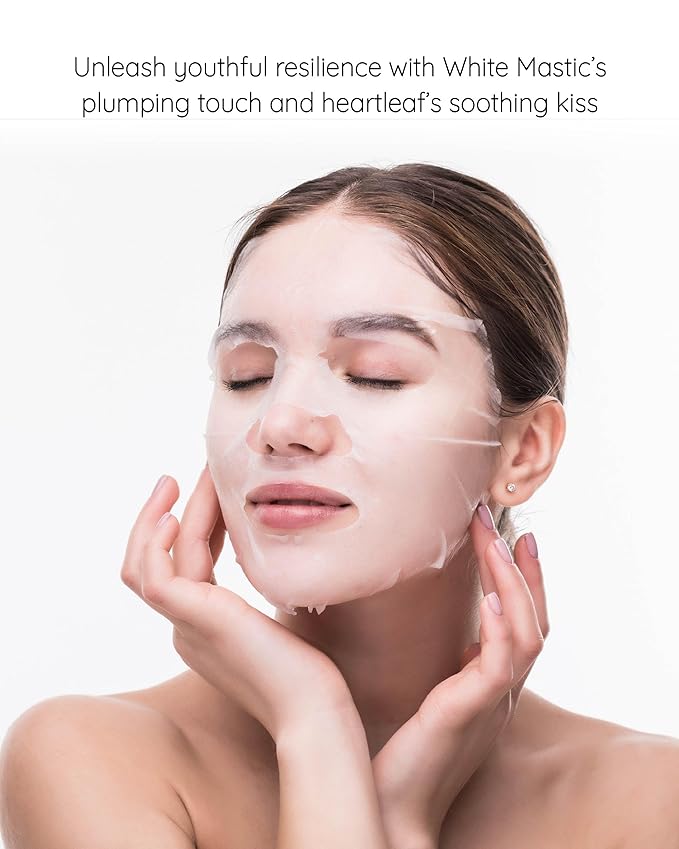 MASTINA White Mastic Face Mask (Heartleaf Calming, 4 pc) Premium Korean Skin Care for Soothing & Deep Moisturization. Sensitive Tired Skin White Mastic Cica Vegan Sheet Masks
