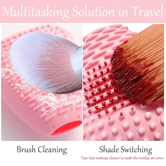 Silicone Travel Make-up Brush Holder with Cleaner Mat Pad, Organizer Case Covers for Foundation Eye Lip Brushes Storage Cleaning, Gift for Women Girl-friend Mother Wife, 3-Pcs Large + 5 Small, Pink