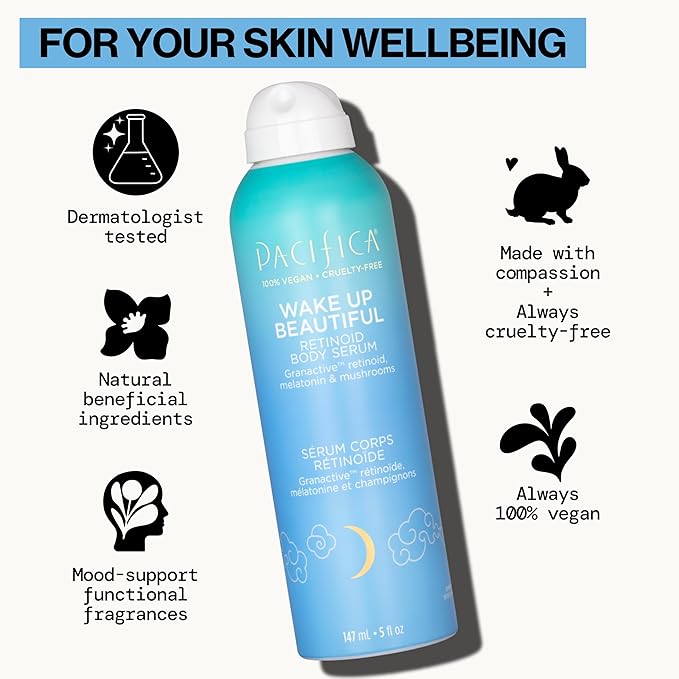 Pacifica Spray Lotion for Body - Wake Up Beautiful Body Serum – Overnight Retinoid Body Treatment, Spray-On Hydrating Serum with Granactive Retinoid, Mushrooms & Melatonin, Plumps & Renews Skin, Vegan