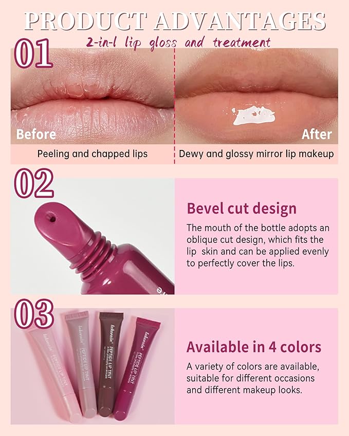Tinted Lip Balm-2Pcs Pink Brown Peptide Hydrating Lip Tint Moisturizer,Jelly Glossier Lip Treatment Balm,Non-Stick Glow Reviver Lip Care Oil,Yummy Glowy Lip Gloss,Thanksgiving Makeup for Women-01+03