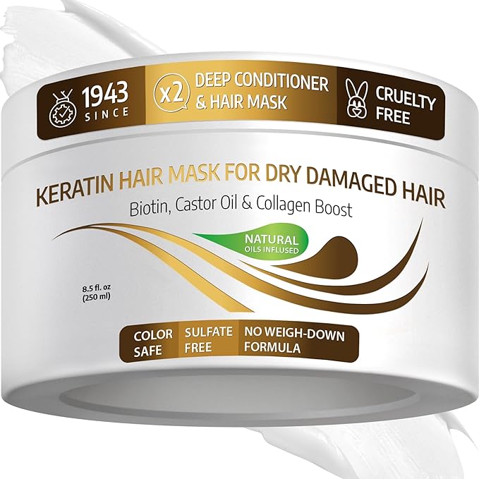 VITAMINS hair cosmetics Keratin Hair Mask - Deep Repair Conditioner with Biotin & Castor Oil - For Damaged, Dry, Curly, Straight, Thin & Fine Hair - Intense Collagen Protein Treatment