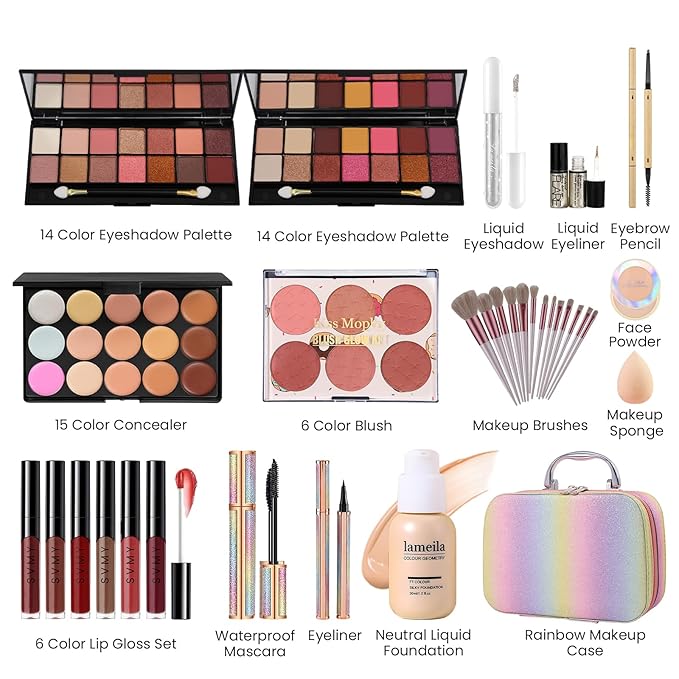Makeup Kit for Women Full Kit, Travel Makeup Kit, Makeup Gift Set for Teens Girls Beginners Professionals, Makeup Bundle Include 2 Matte & Glitter Eyeshadow Palettes, Lip Gloss Set