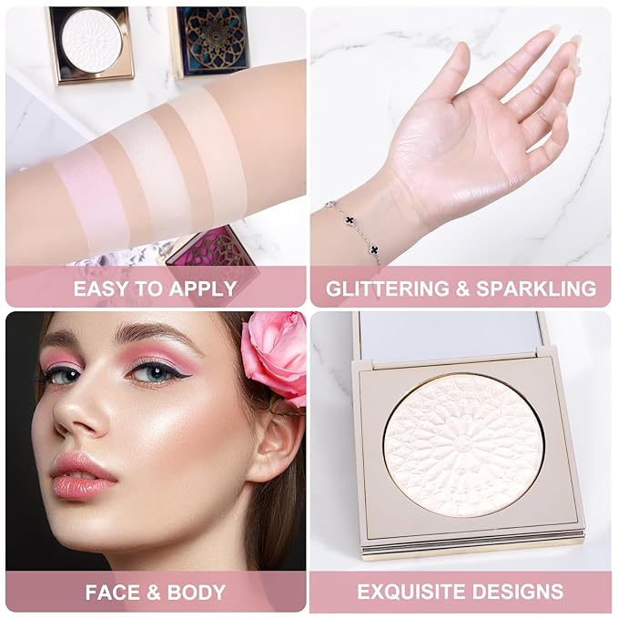 Face Highlighters Exquisite 3D Texture Luminizers Palette, Shiny Holographic Contour Makeup Illuminator Highly Pigment for Body Cheek Eyebrow Nose Chin Lip Glossy Shimmer Contouring Palette