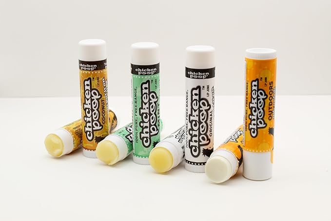 Chicken Poop Lip Balm Simone Chickenbone 100% Natural Moisturizer for Dry, Chapped Lips, Combo (Original, Mint, Outdoors with SPF 30, Coconut), 4 Pack