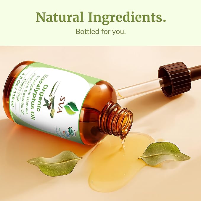 SVA Eucalyptus Essential Oil Organic – 4 Fl Oz – 100% Natural Organic Eucalyptus Oil - for Diffuser, Hair, Face, Skin Care, Aromatherapy, Scalp and Body Massage, Soap and Candle Making - with Dropper