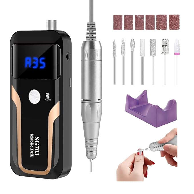 Portable Nail Drill Professional 35000 RPM, MOCOWIND Rechargeable Electric Nail File Machine for Acrylic Nails Gel Polishing Removing, Cordless E-File with Bits Kit for Manicure Salon Home, Black