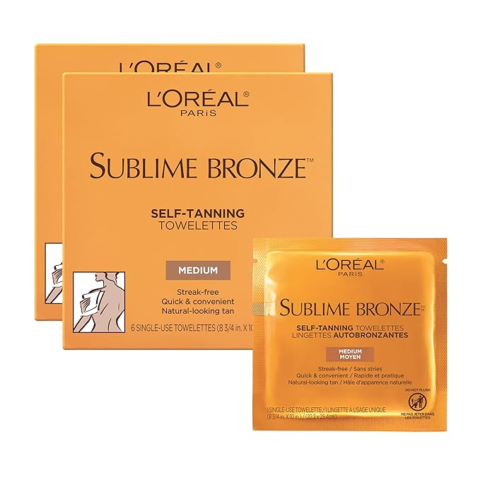 L'Oreal Paris Sublime Bronze Self Tanning Towelettes, Streak-Free, Natural Looking Tan, 6 ct