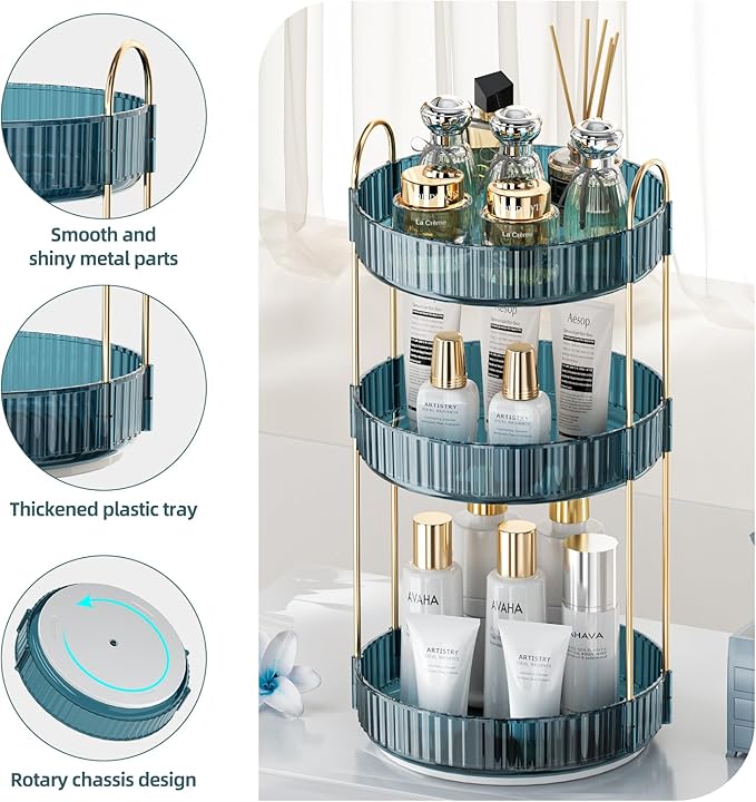 360° Rotating Makeup Organizer, Bathroom Organizers and Storage Holder Rack, Large Capacity Vanity Shelf Countertop, Fits Cosmetics, Perfume, Skin Care(Blue, 3 Tiers)