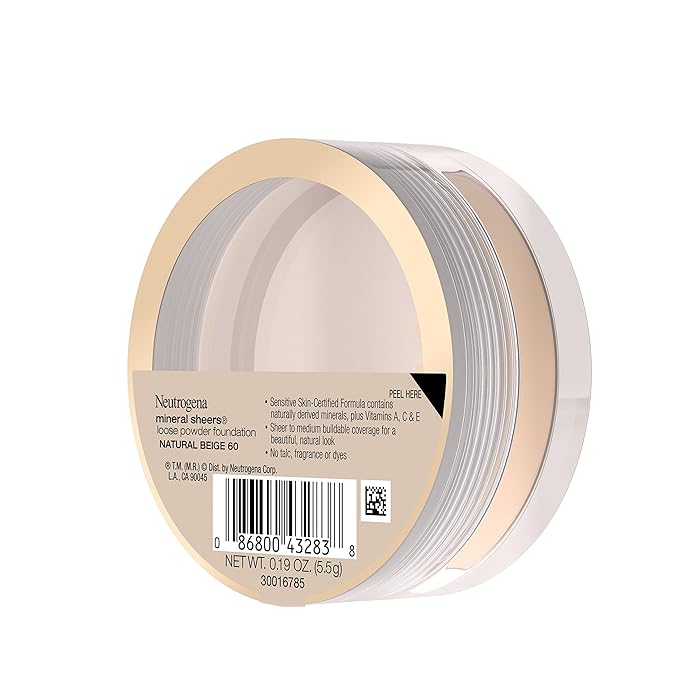 Neutrogena Mineral Sheers Lightweight Loose Powder Makeup Foundation with Vitamins A, C, & E, Sheer to Medium Buildable Coverage, Skin Tone Enhancer, Face Redness Reducer, Natural Beige 60,.19 oz