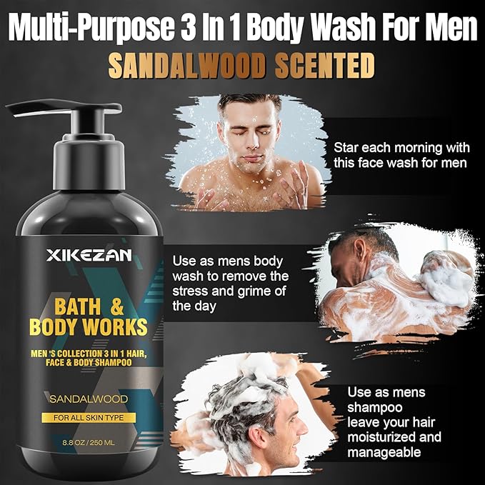 Gifts for Men,Mens Body Wash Gift Set Cleansing & Hydrating Skin w/Face Wash,Deodorant,Sandalwood & Cologne 3 in 1 Hair,Face & Body Wash,Mens Stocking Stuffers Christmas Gifts for Men Him Dad Husband