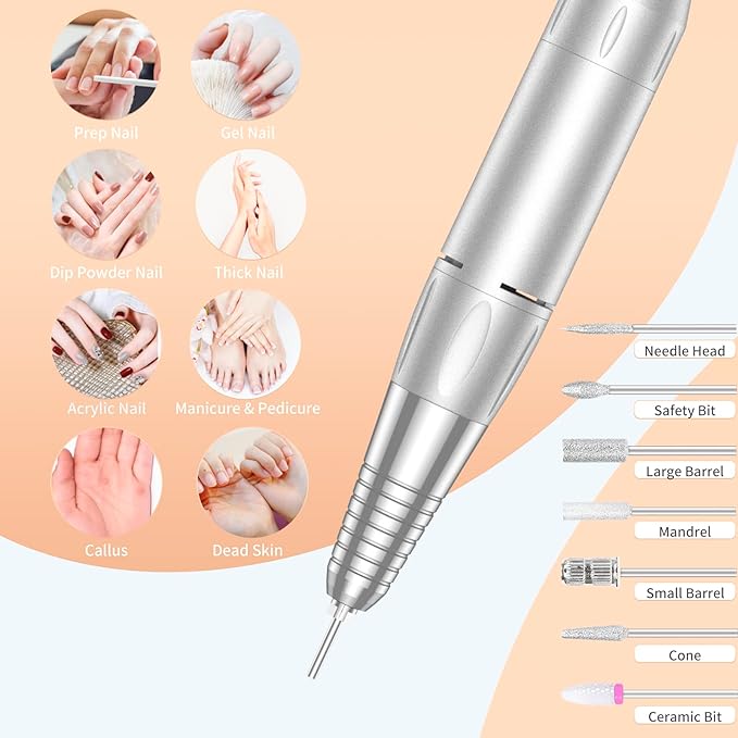 Portable Nail Drill Professional 35000 RPM, MOCOWIND Rechargeable Electric Nail File Machine for Acrylic Nails Gel Polishing Removing, Cordless E-File with Bits Kit for Manicure Salon Home, Black