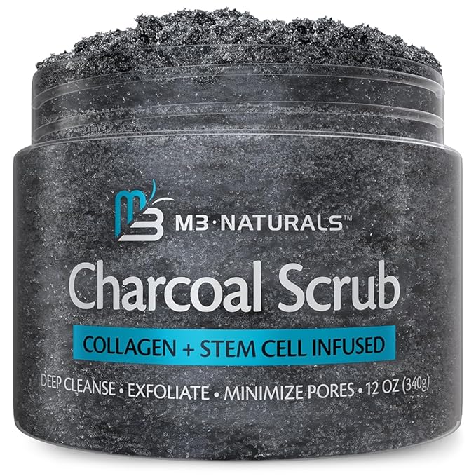 Exfoliating Charcoal Scrub with Collagen & Stem Cells – Salt Scrub for Body Toning, Cellulite, Armpit Detox, and Skin Smoothing for Face, Feet, and Body by M3 Naturals.