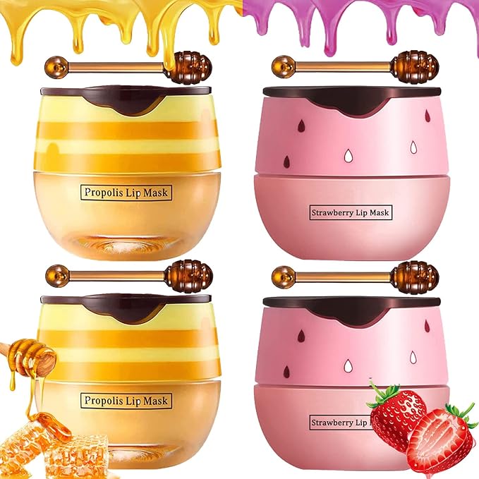 Bee Lip Balm Honey Pot, 4 PCS Strawberry & Honey Lip Masks Hydrating Prevention Dry and Cracked Lip Scrubs Exfoliator，Lip Sleep Mask Reduces Lip Lines，Lip Exfoliating Bee Lip Balm Sleeping Lip Mask