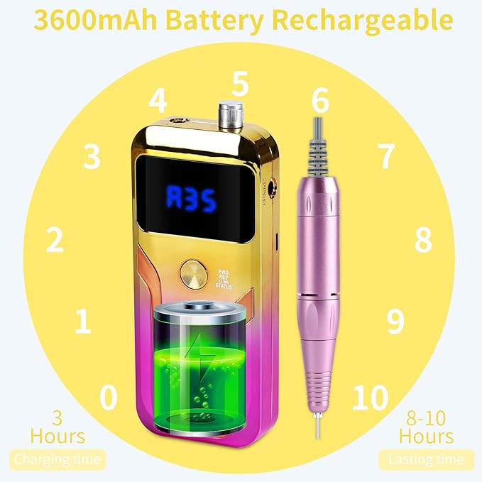 Portable Nail Drill Professional 35000 RPM, MOCOWIND Rechargeable Electric Nail File Machine for Acrylic Nails Gel Polishing, Cordless E-File with Bits Kit for Manicure Salon Home, Yellow & Purple