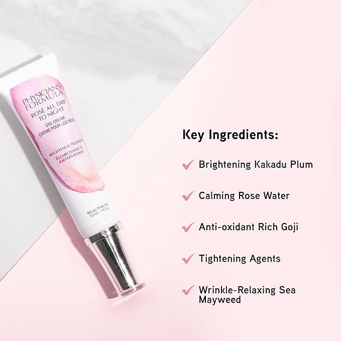 Physicians Formula Rosé All Day To Night Eye Cream, Dark Circles, Puffiness, Bags Under Eyes, Wrinkles | Dermatologist Tested, Clinicially Tested, Hypoallergenic