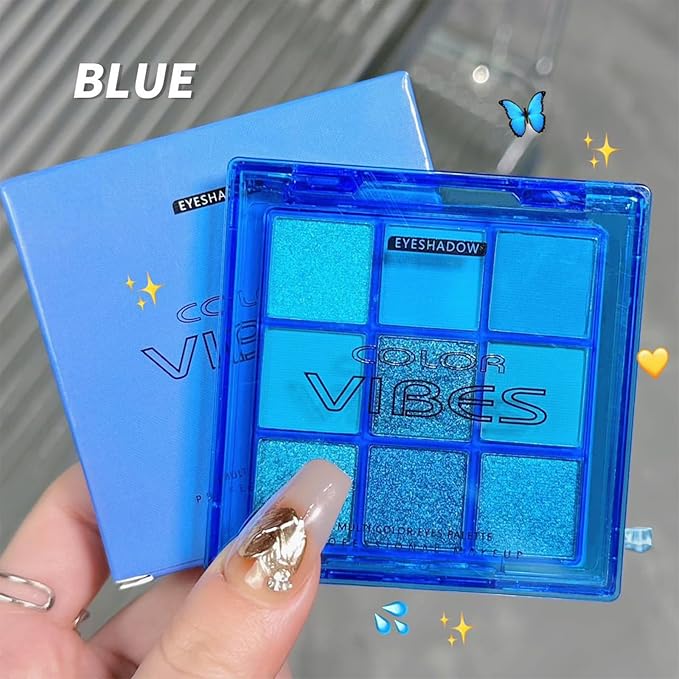 Erinde 9 Colors Dark Light Royal Cobalt Blue Pearl White Glitter Shimmer Eye Shadow Makeup Palette Highly Pigmented Waterproof Matte Glitter Shimmer Daily Party Sparkling Eyeshadow Palett for Girl