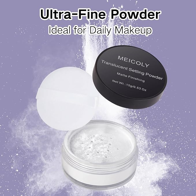 MEICOLY Talc-Free Setting Powder with Sifter,Long Lasting Loose Face Powder,Translucent Powder Colorset Powder,Matte Finishing White Face Paint Setting Powder for Halloween SFX Makeup,Oil Control