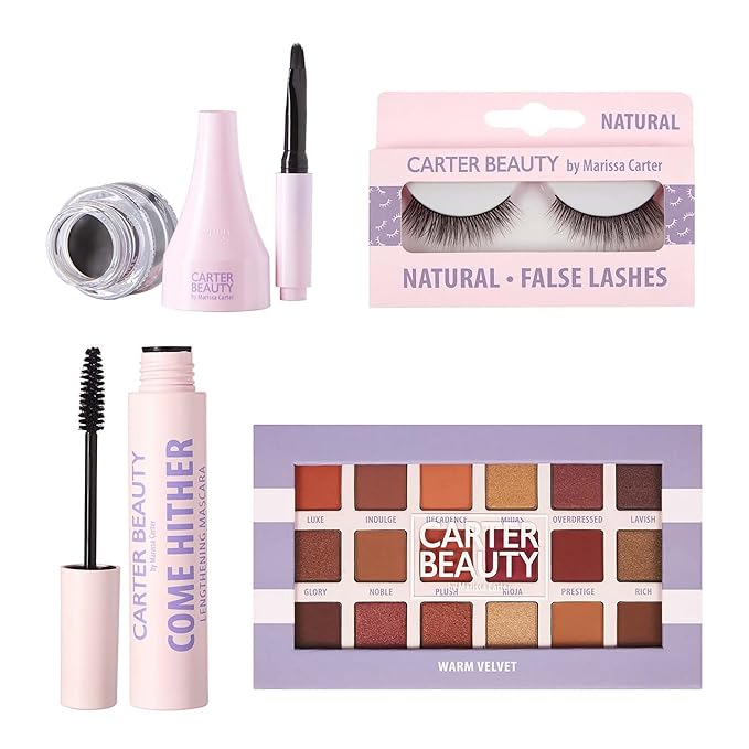 Carter Beauty The Eye Edit - Accentuates The Eyes - Transform Your Eye Makeup Look - Includes Mascara, Eyeshadow Palette, Gel Liner, Natural False Lashes - Vegan And Paraben Free - 5 Pc Gift Set