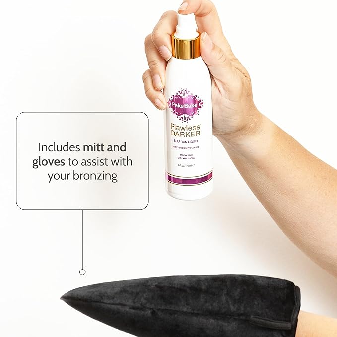 Fake Bake Flawless Darker Self-Tanning Liquid Streak-Free, Long-Lasting Natural Glow For All Skin Tones - Sunless Tanner Includes Professional Application Mitt, Black Coconut Scent - 6 oz (Pack of 2)
