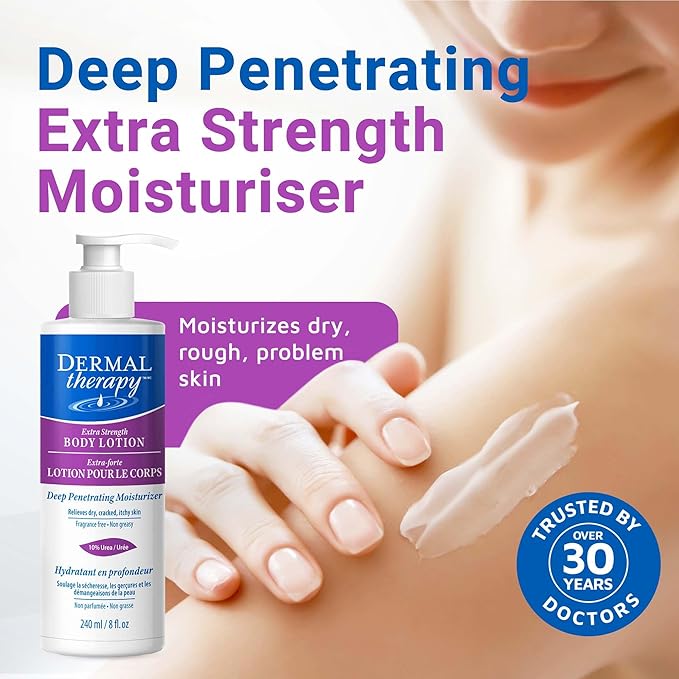 Dermal Therapy Extra Strength 5% AHA 10% Urea Body Lotion - Healing for Extremely Dry, Cracked Skin - Fragrance-Free - Sensitive Skin, Diabetes & Medication-Induced Dryness - 8 fl oz / 240 ml