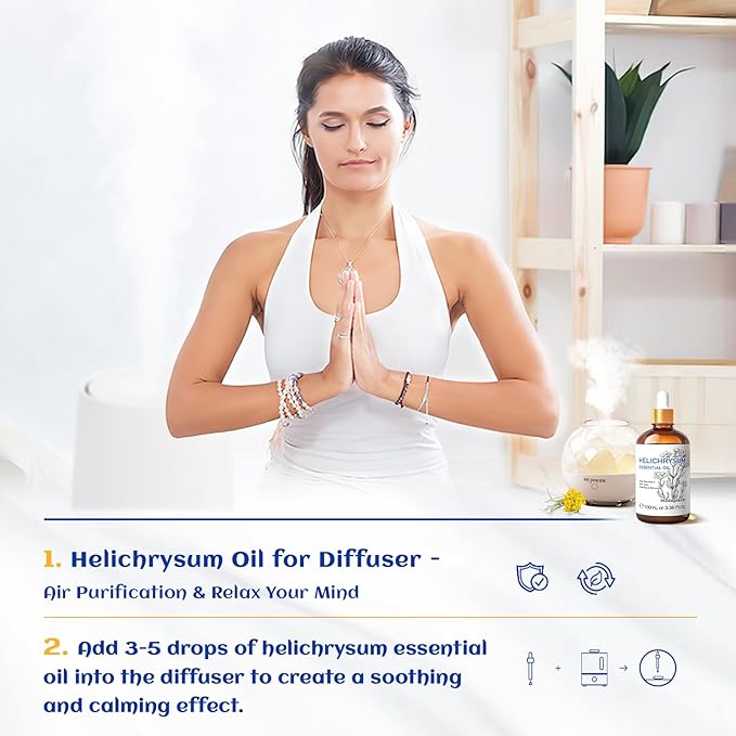 HIQILI Helichrysum Essential Oil for Skin Nourish, Undiluted & Natural, Relieve Fatigue in Body Massage, Reduce Fine Line and Wrinkle, Aromatherapy Diffuser, DIY Floral Scented Gift -100ML