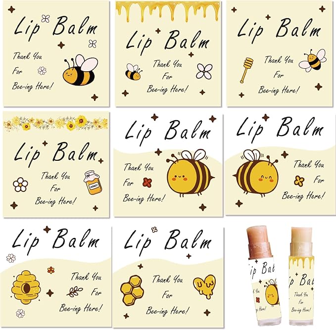 CRASPIRE 80Pcs 8 Styles Labels for Lip Balm Coated Paper Paster Honey Bee Square Tubes Lip Balm Labels Stickers Natural Homemade Self-Adhesive Stickers Logo for Containers Cosmetics Lipsticks