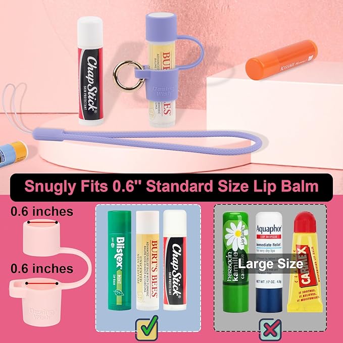 Desing Wish 2 PCS Silicone Lip Balm Holder with Cap Cover Portable Chapstick Holder Keychain Sleeve Lip Balm Key Chain with Key Ring and Wrist Strap Lanyard - Pink/Purple