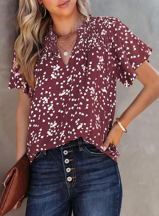 SHEWIN Women's Casual V Neck Floral Print Smocked Short Sleeve Chiffon Blouses Bohemian Top Shirts