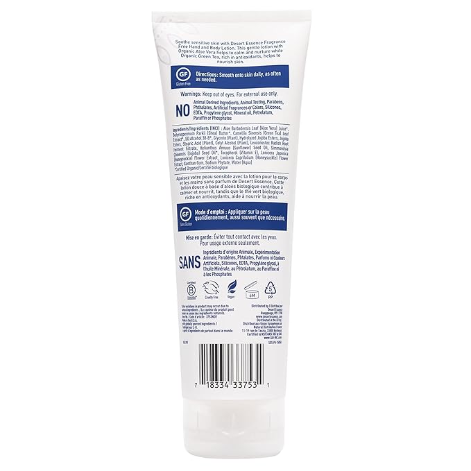 Desert Essence Fragrance Free Hand & Body Lotion - 8 Fl Ounce - Soothing - Aloe Vera - Shea Butter - Green Tea - Coconut Oil - Jojoba Oil