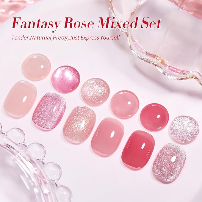 Born Pretty Gel Nail Polish Pink Nude Series,Jelly Transparent,Cat Magnetic Eye,Shimmer Glitter Holographic Pink Nude Gel Polish Kit for Salon Manicure and Nail Art DIY at Home 6Colors