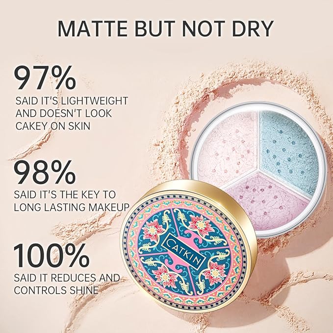 CATKIN Poreless Finish Loose Setting Powder Makeup, Translucent Matte Finishing Makeup for All Skin Tones, 3 Colors Even Skin Tone – 0.42 oz Includes Velour Puff