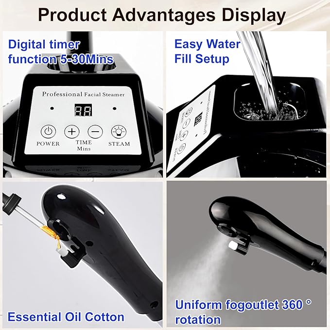Professional Facial Steamer,vaporizador Facial Adjustable Height and Angle,More Steam, Hot Mist Facial Humidifier Atomizer for Spa Beauty, Home Use