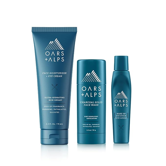 Oars + Alps Men's Skin Care Kit, Gift Set Includes Face Wash, Eye Roller, and Moisturizer, Vegan and Gluten Free, Travel Size & TSA Approved, 3 Items Total