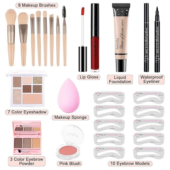 Makeup Kit for Teens Girls, Makeup Present Set for Women, Makeup Full Kit for Beginners, Mini Makeup Bundle Include 7 Latte colors Matte & Shimmer Pigmented Eyeshadow Palette, Eyebrow Powder