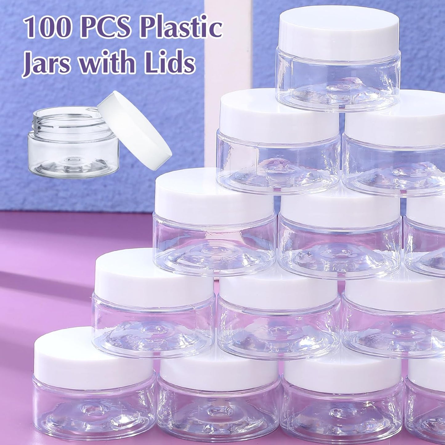 SATINIOR 100 Pcs Plastic Jars with Lids Small Containers Lids Wide Mouth Small Plastic Containers for Lotion Cream Rhinestones Body Butters Travel Storage(1 oz,White)