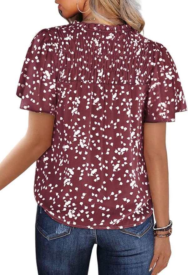 SHEWIN Women's Casual V Neck Floral Print Smocked Short Sleeve Chiffon Blouses Bohemian Top Shirts
