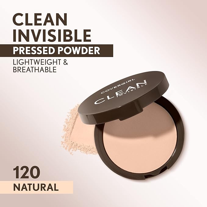 Covergirl Clean Invisible Pressed Powder, Lightweight, Breathable, Vegan Formula, Creamy Natural 120, 0.38oz
