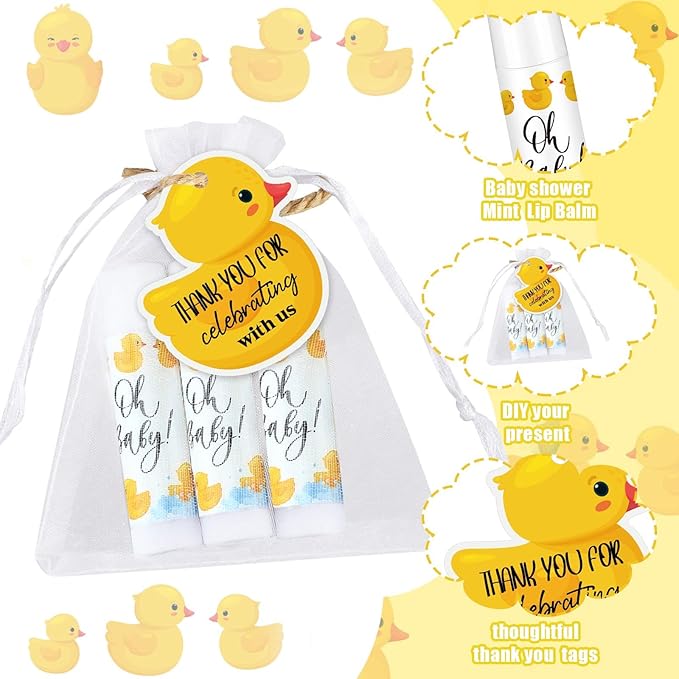 Demissle 50 Pcs Baby Shower Lip Balm Gift Set with 100 Pcs Organza Bags Baby Shower Party Favor for Guest Thank You Tag Rope Baby Shower Party Decoration Gender Reveal Souvenirs (Duck)
