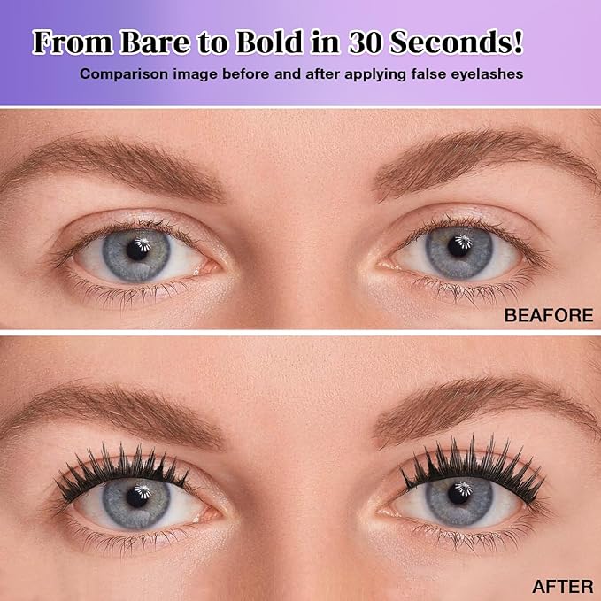 False Eyelashes Kit With Bond, Seal and Tweezer, 7 Pairs Fluffy Natural Look Fake Cat Eye Lashes Strips Thin Band Extensions Waterproof Easy Eyelashes for Beginners DF64