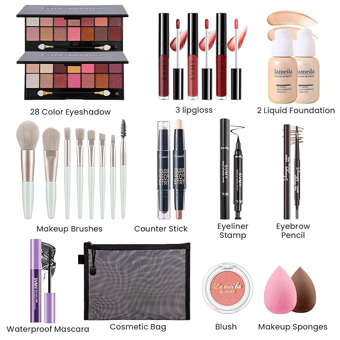 Makeup Present Set for Teen Girl Women, Travel Makeup Kit, Makeup Full Kit for Beginner, Makeup Bundle Include 2 Matte & Shimmer Eyeshadow Palettes, Liquid Glitter Eyeshadow & Eyeliner