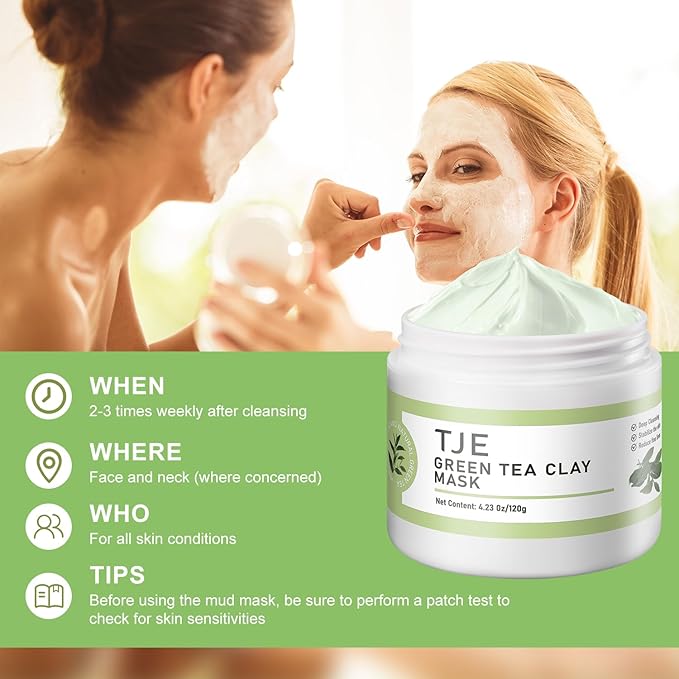 TJE Green Tea Clay Mask, Green Tea Cleanse Face Mask, Deep Pore Cleansing Mask, Moisturizing & Purifying, Remove Blackheads & Acne for All Skin Types