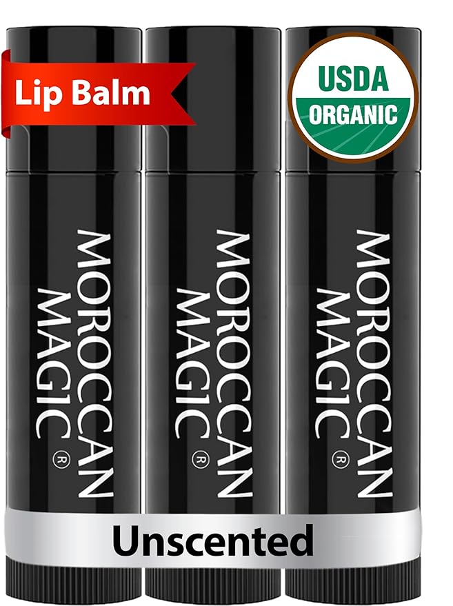 Moroccan Magic Organic Unscented Lip Balm 3 Pack | Ultra-Hydrating Argan Oil Lip Moisturizer + Vitamin E | Natural Chapstick for Dry Lips | Smooth, Non-Toxic | Organic Lip Balm