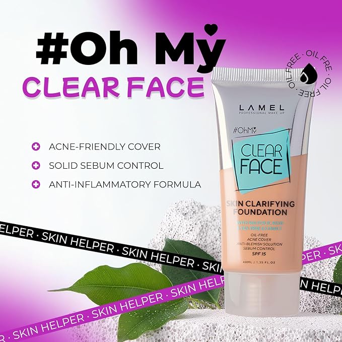 Lamel- Oh my Clear Face Foundation-405 Buff Beige | Contains tea tree extract and salicylic acid |Controls sebum production |Anti-blemish formula |Oil free foundation | 40ml